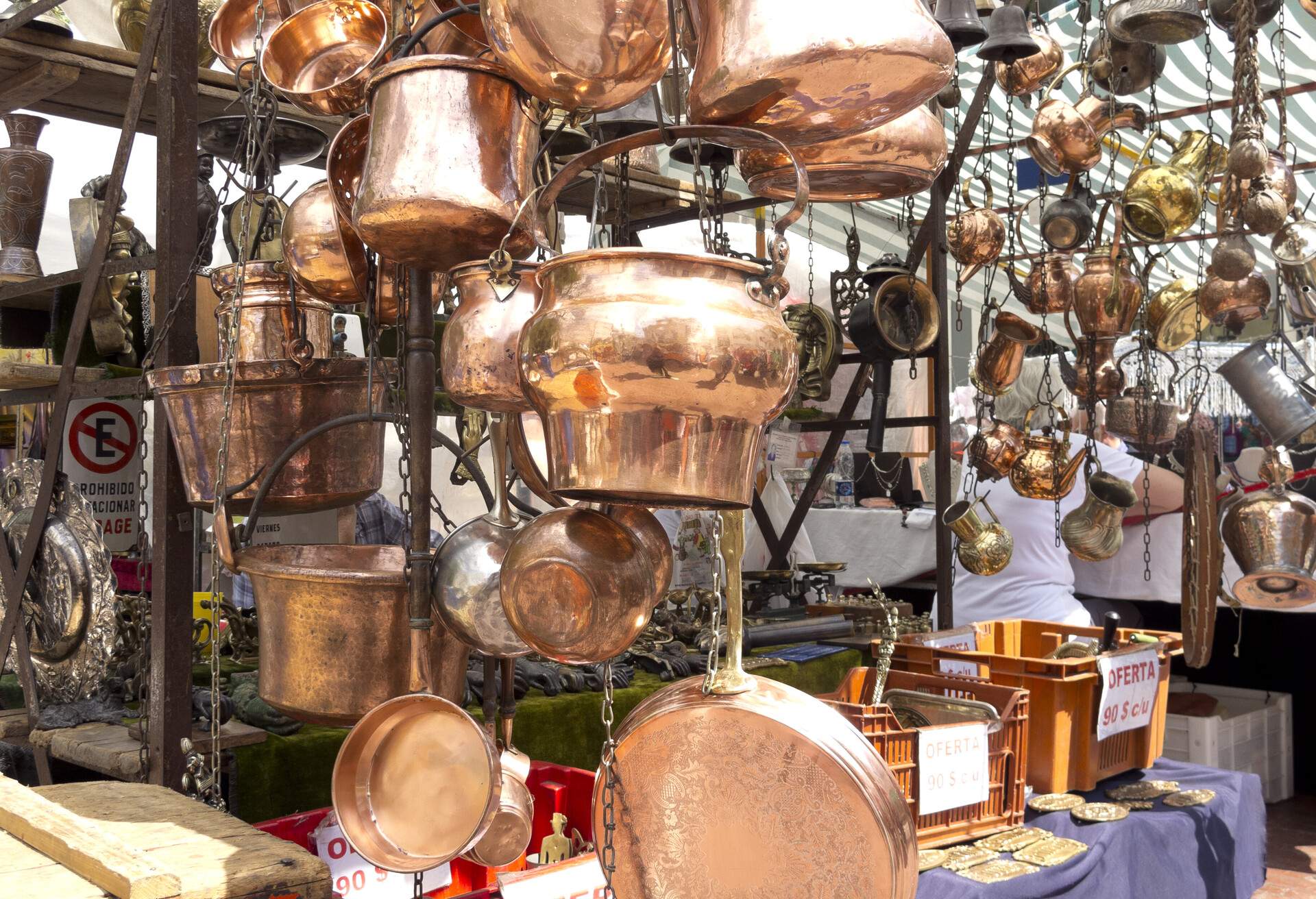 Selling old copper cookware. San Telmo market in Buenos Aires, Argentina.; Shutterstock ID 135760406