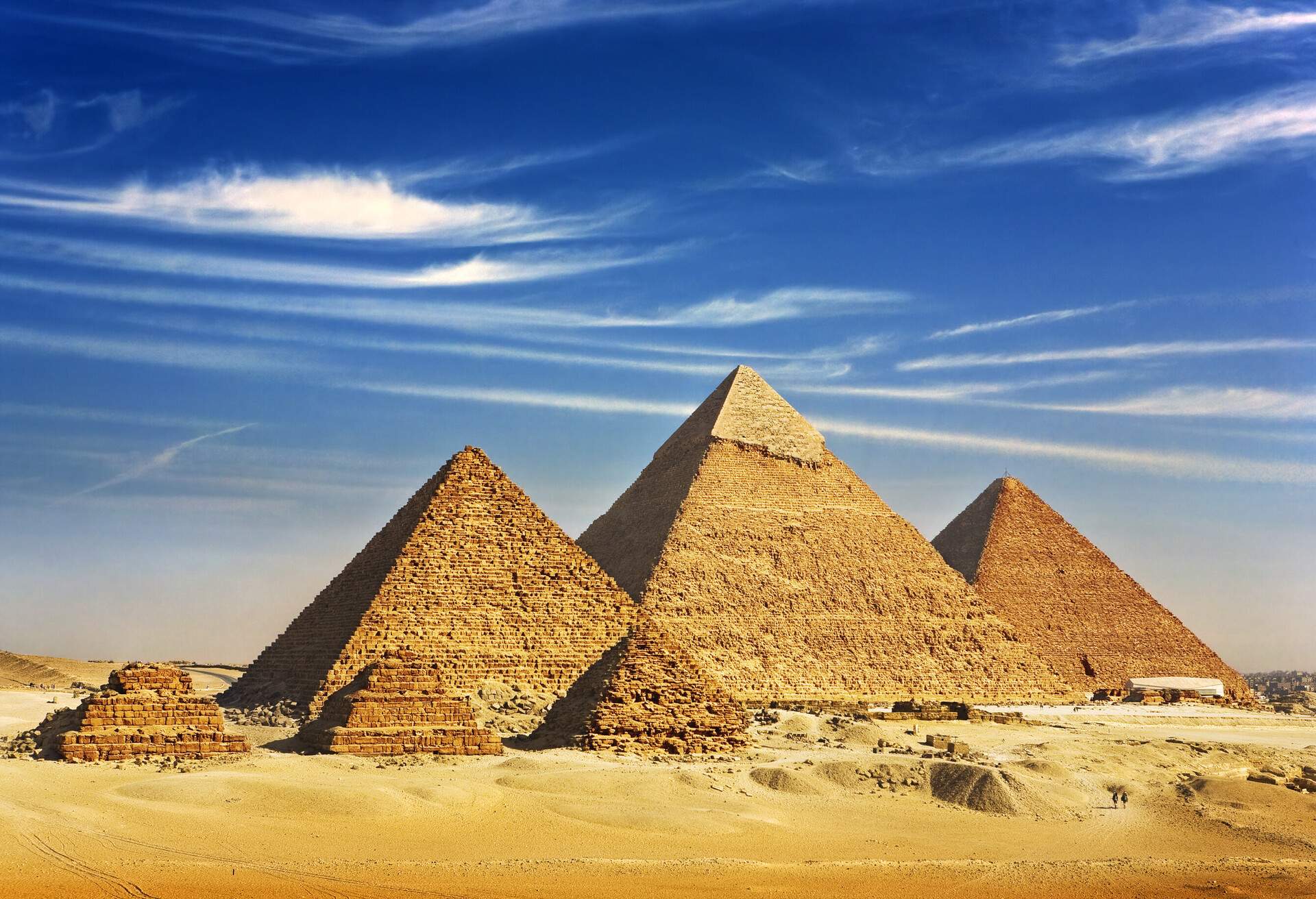 Egypt. Cairo - Giza. General view of pyramids from the Giza Plateau (three pyramids known as Queens' Pyramids on front side; next in order from left: the Pyramid of Menkaure, Khafre and Chufu; Shutterstock ID 96622405