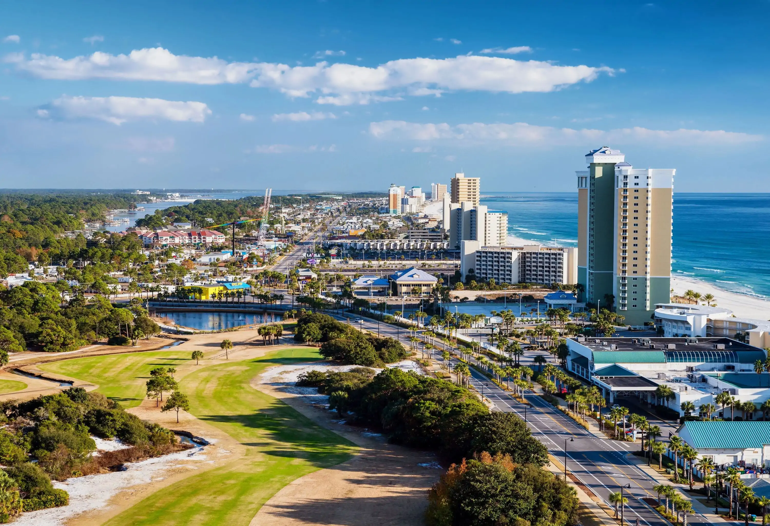 Front Beach Road in Panama City Beach, Florida, stretches out before the viewer, lined with vibrant hotels and palm trees, as the azure waters of the Gulf of Mexico glisten in the distance.