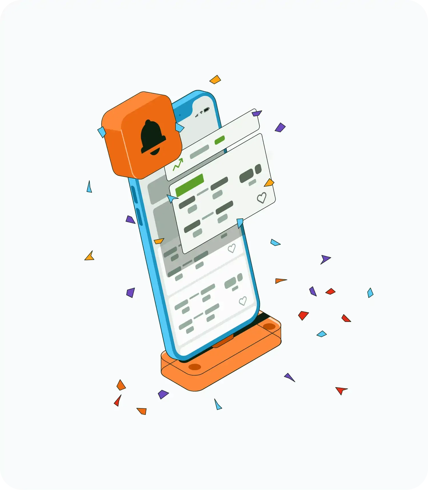 Illustration of a smartphone with chat messages, a notification icon, and confetti around it.